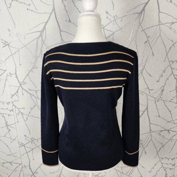 Alain Manoukian Navy Gold Stripe 49% Merino Wool Knit Sweater - Picture 6 of 8